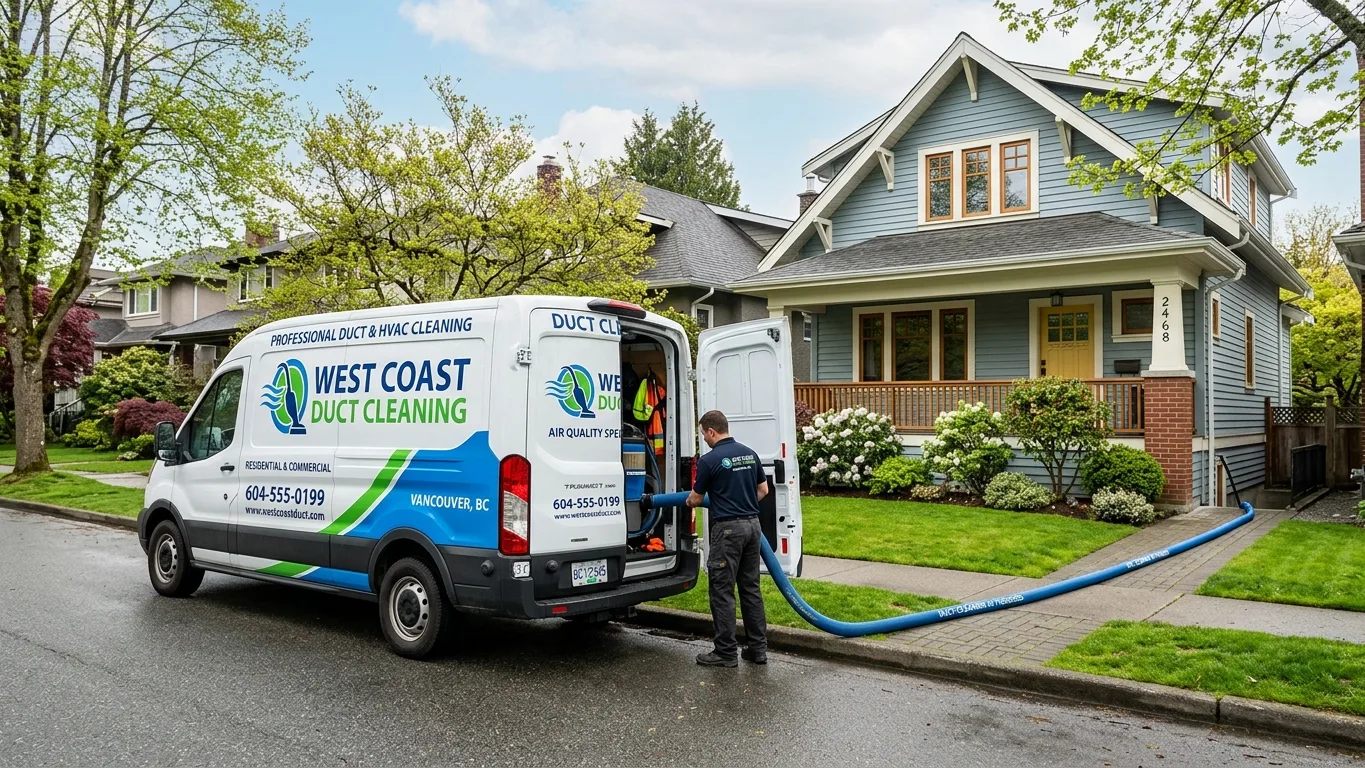 A duct cleaning technician running a hose from a branded van into a Vancouver house