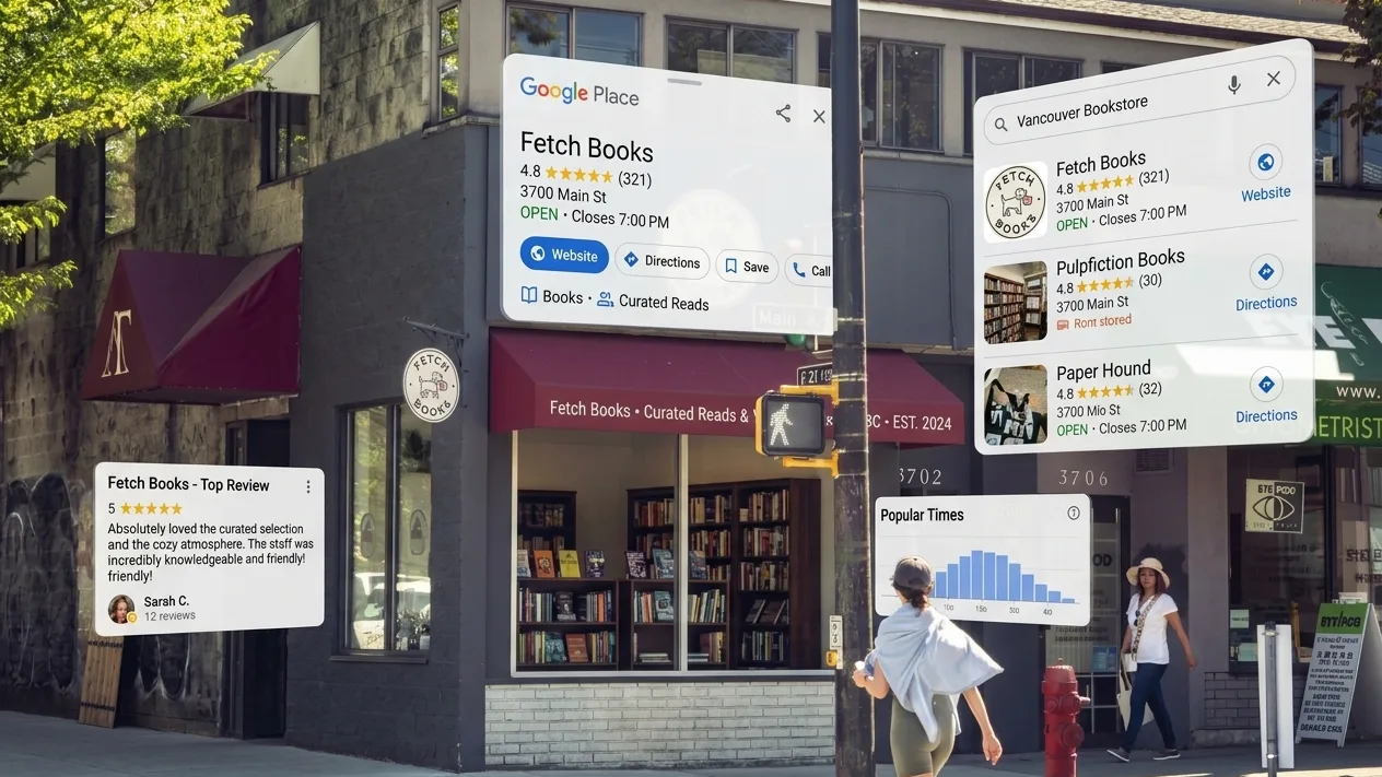 A Vancouver bookstore on Main Street with its Google listing, star rating, top review and popular times floating over the storefront