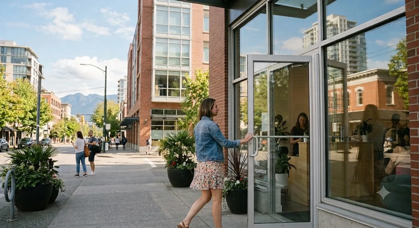 A customer pushing open the door of a Vancouver storefront, with the North Shore mountains behind her