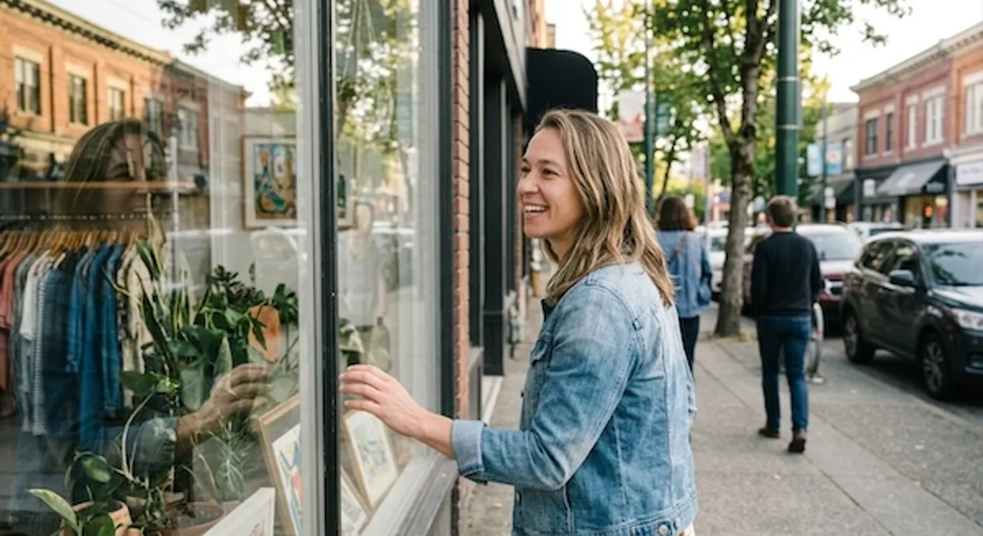 The same customer walking a Vancouver shopping street past a cafe and a corner grocer