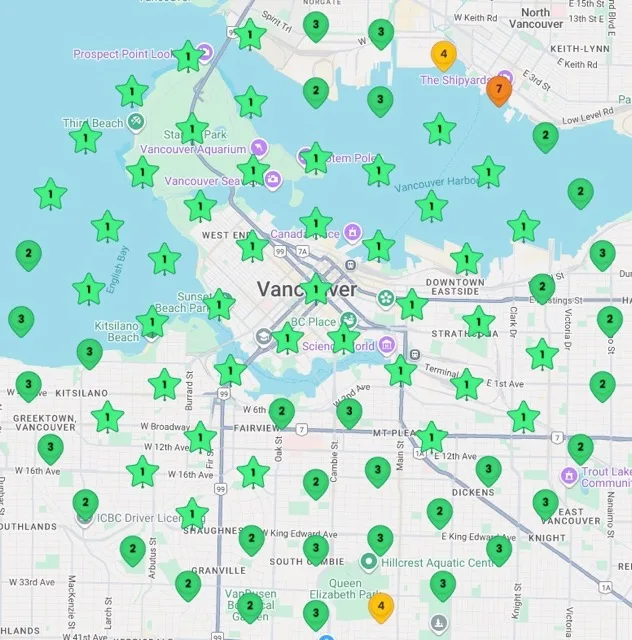 Map of Metro Vancouver showing a business's local search rankings after SearchFront's local SEO work: mostly green pins ranking in positions 1 through 3