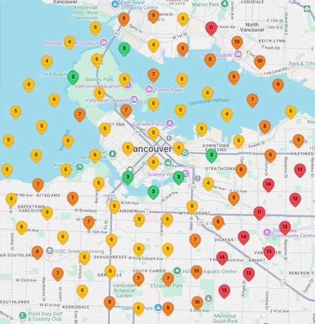 Same map before SearchFront: mostly yellow, orange and red pins in positions 4 through 14