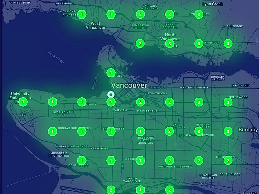 Local rank grid across Vancouver for the search laneway house builder vancouver, with smallworks ranking first to third in the Google map pack in every area
