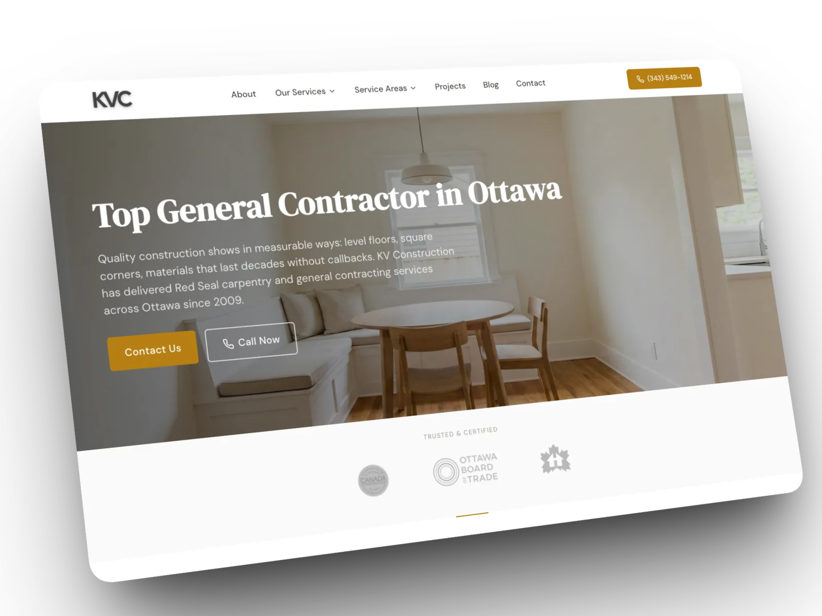 The KV Construction homepage built by SearchFront: Top General Contractor in Ottawa, with Contact Us and Call Now buttons and trust badges